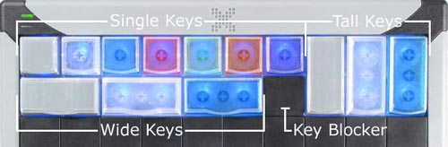 Assorted keycaps, shown with blue LED backlighting